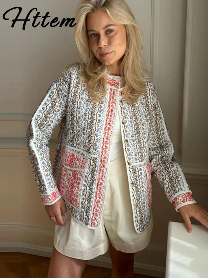 Casual printed bedding coat womens loose O-neck single chest pocket coat womens autumn and winter womens jacket 241007