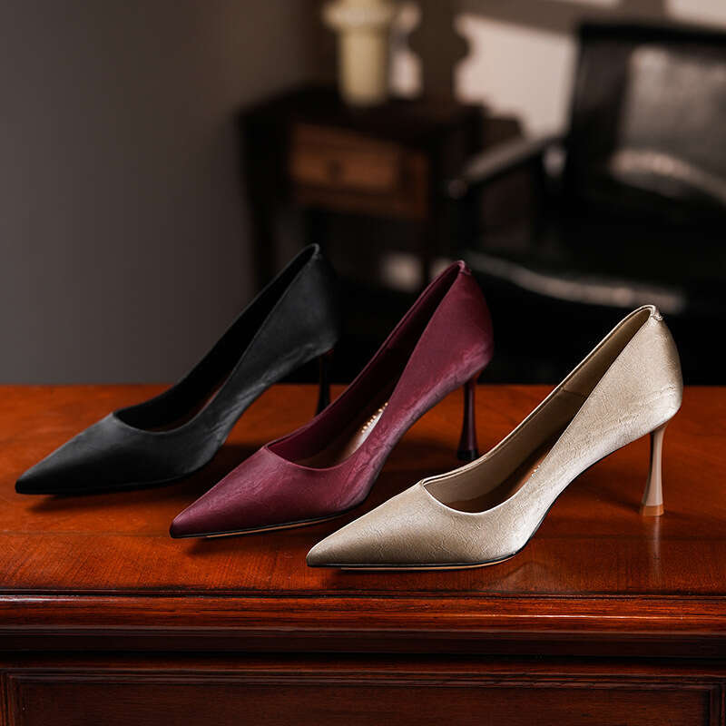 3389-42 French High Women's Slim Heels, Qipao, Xiuhe Simple Engagement And Bridesmaid Shoes, Solid Color Work Shoes