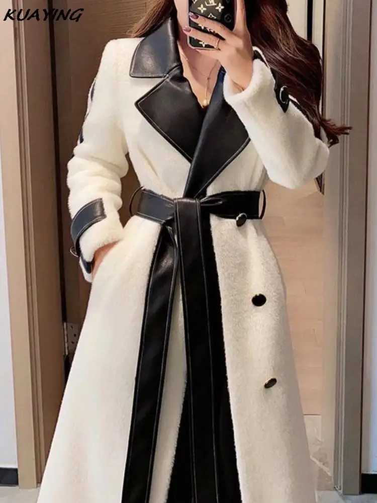 Autumn Winter Midi Woolen Coat Elegant and Chic Black White Patchwork Wool Overcoat with Belt Fashion Outerwear Female ClothesX241009