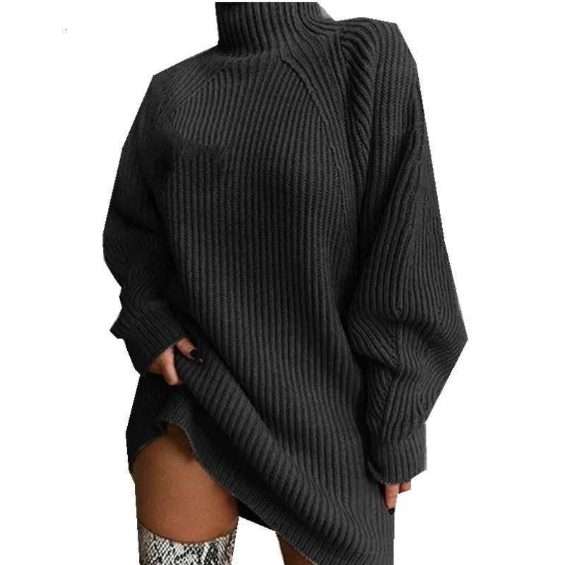 Womens solid color loose knit dress autumnwinter sweater womens long sleeved turtle neck pullover 241007