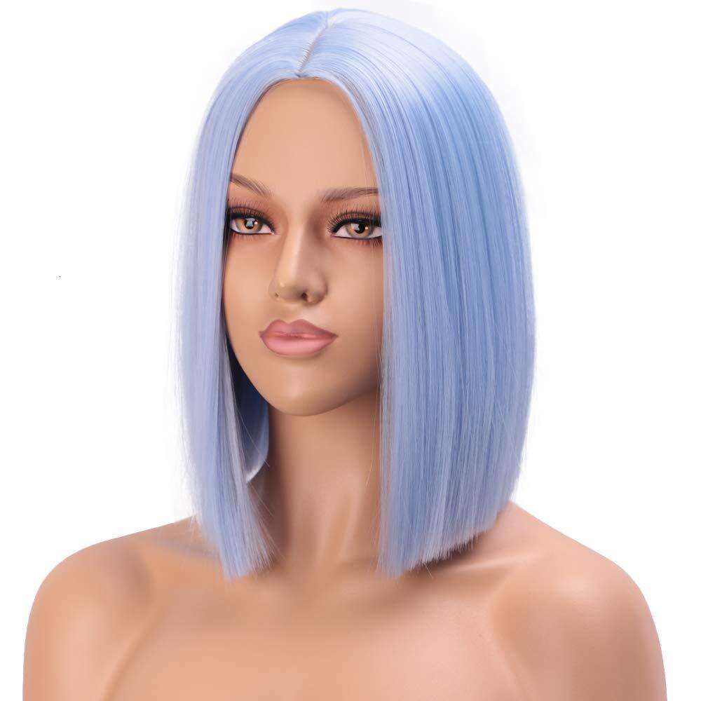 New natural short BOB light blue synthetic full nism wig headband