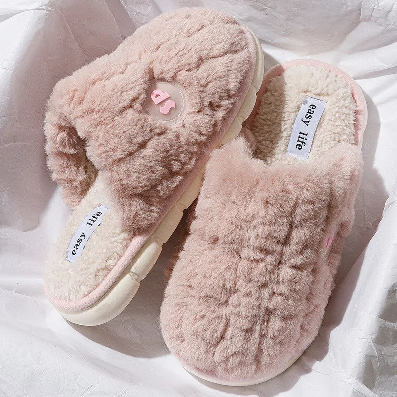 Winter indoor large-sized comfortable and warm cotton shoes soft fur solid color half pack household cotton slippers 241007