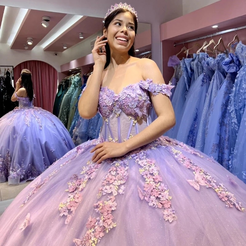 Mexican Lavender Quinceanera Dresses Ball Gown Beaded Lace Appliques Bow Tull Sweet 16 Dress Princess Lace Up Vestido De 15 Anos