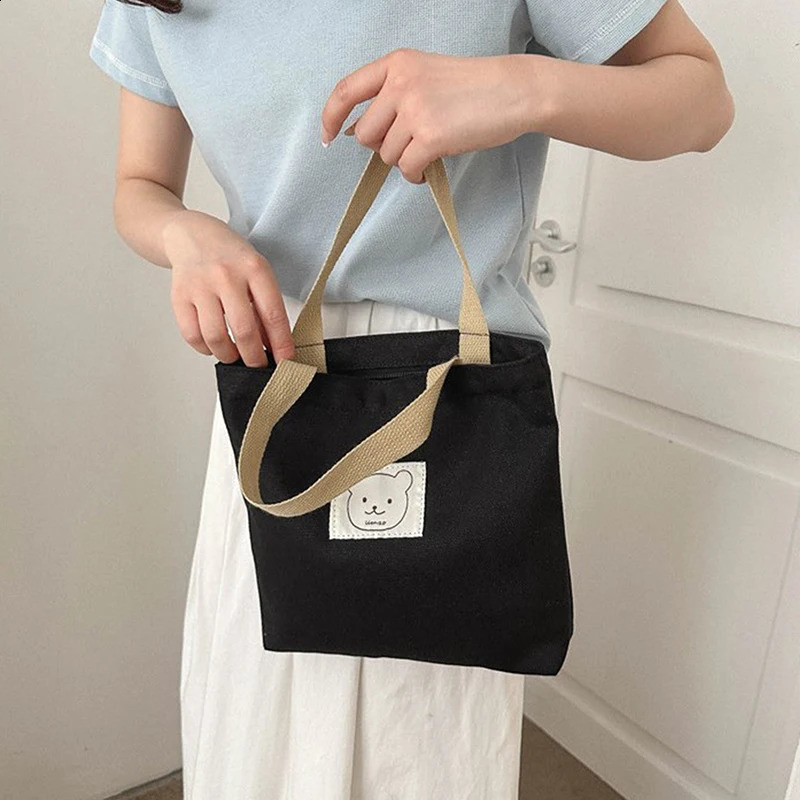 Small Canva Tote Food Bag Japanese Bear Hand Lunch Korean Canvas Handbags Cotton Cloth Picnic Travel Bento 240925