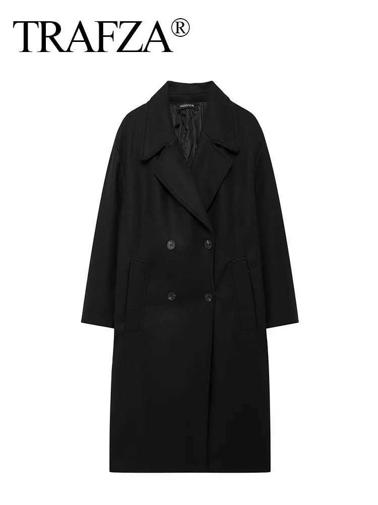 TRAFZA Woman Winter Warm Long Outwear Chic Elegant Women Solid Grey Long Sleeve Pockets Double Breasted Fake Woolen Coat 2024X241009