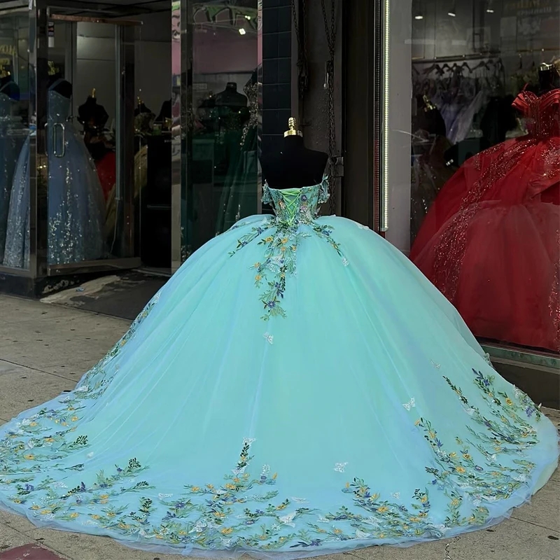 Light Green Shiny Quinceanera Dresses Off the Shoulder Ball Gown Applique Bow Beading Tull Lace Up Floral Girls Birthday Party Gown Vestidos 15 Anos