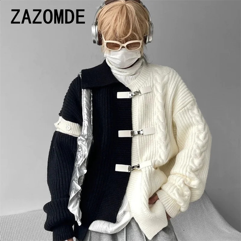 ZAZOMDE Fashion Knitted Long Sleeve Sweater with Loose Splicing Open Hemp Metal Button Knitted Coat Fashionable Mens Knitted 241007