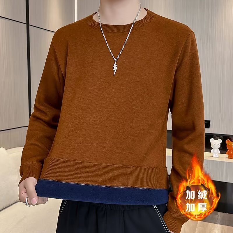 2024 Designer Winter Men's Round Neck Basic Solid Color Integrated Knitted Sweater Inner Bottom Coat Thick Velvet Warmth