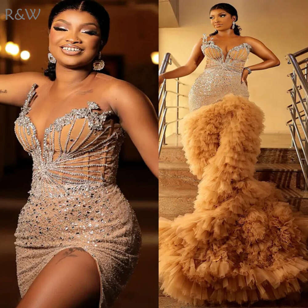 R&W 2024 urious Champagne Prom With Detachable Train Evening Dresses Formal For Black Women Beaded Side Split Birthday Dress Second Reception Gown AM1