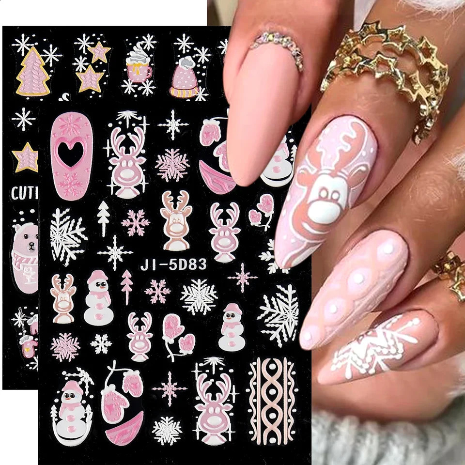 5D Embossed Christmas Nail Stickers Cartoon Reindeer Nail Stickers Snowflake Sweater Knitted Year Clock Handmade LEBJI-5D 241008
