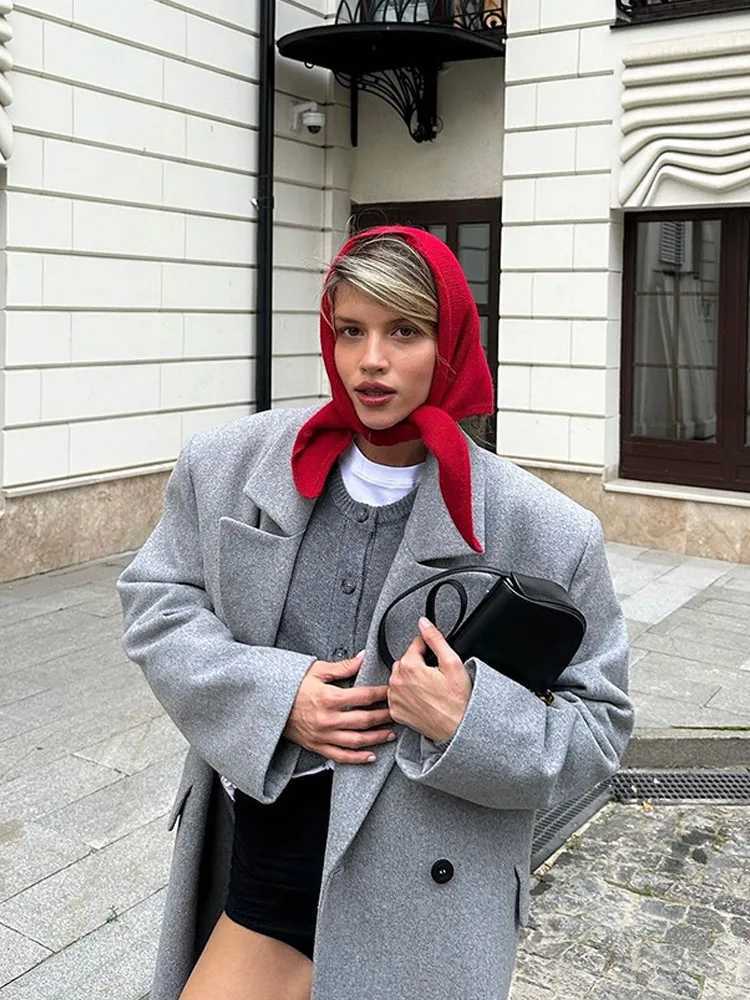 Grey Double-breasted Oversized Woolen Coat Women Fashion Lapel Long Sleeved Pockets Jacket Autumn Winter New Lady Warm OuterwearX241009