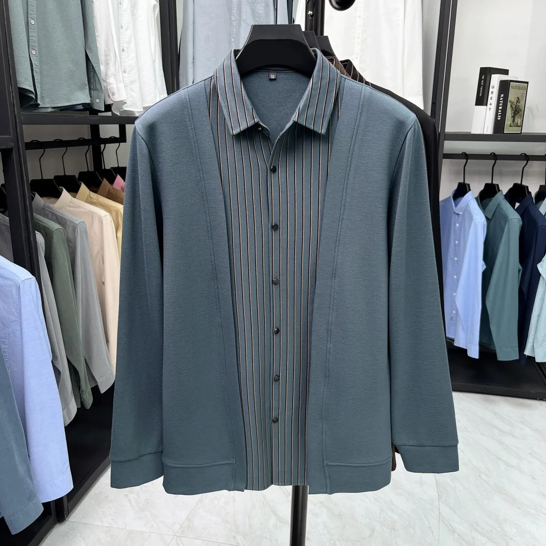 Fashion patchwork shirt collar knitted cardigan sweater mens autumn and winter high-end Korean striped casual sweater jacket 241007