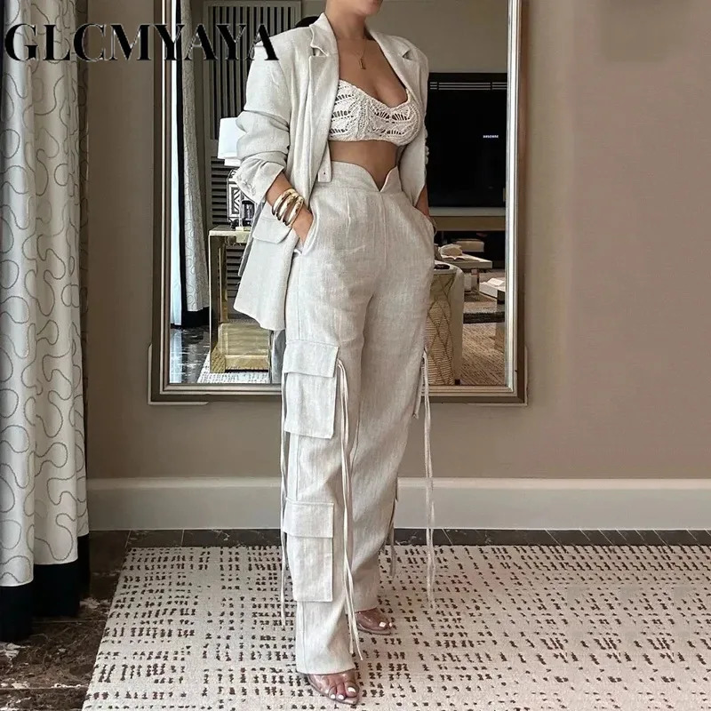 GLCMYAYA Fashion Womens Set Long Sleeve Jacket and Wide Leg Cargo Pants OL Exercise Two Piece 241007