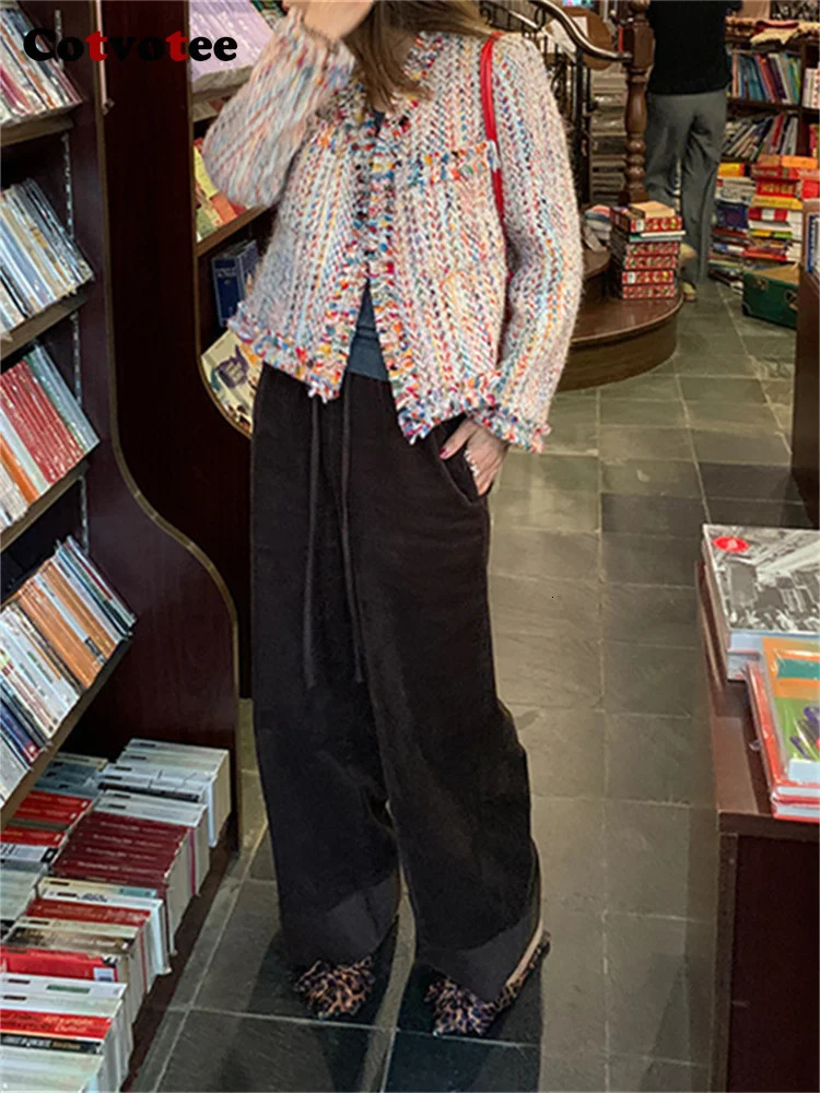 Cotvotee Rainbow Wool Coat Women 2024 Spring Autumn Fashion Long Sleeve Jackets Vintage V Neck Open Stitch Casual Chic Coats 240930