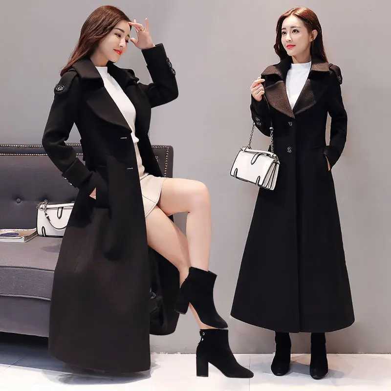 Womens Long Woolen Coat 2023 Spring Autumn New Korean Waist Slimming Over-Knee Thick Keep Warm Woolen Coat Lady Overcoat W2X241009