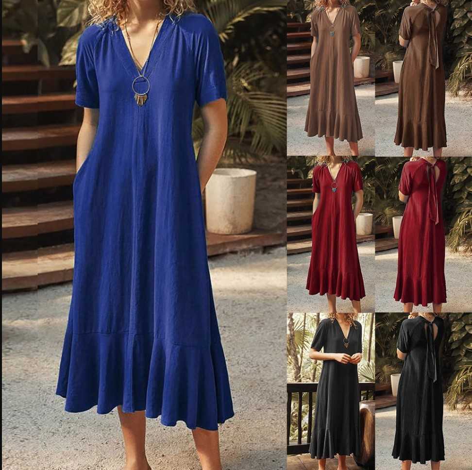 Casual Dresses 2024 New Women's Solid Color V-neck Lace-up Short Sleeve A-line Long Dress T241009