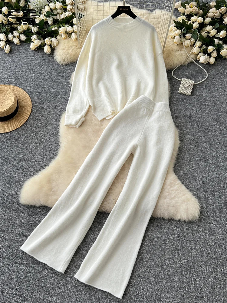 SINGREENY Fashion Split Cashmere 2piece Womens Oneck ZipperWide Leg Pants Autumn Thick Casual Knitted Set 241009
