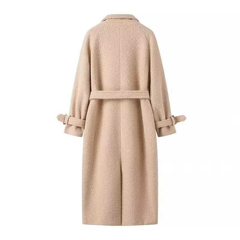 Womens Mid to Long Length Coat with Looped Woolen Coat with Pocket Decoration and Belt Simple and Versatile Style NewX241009