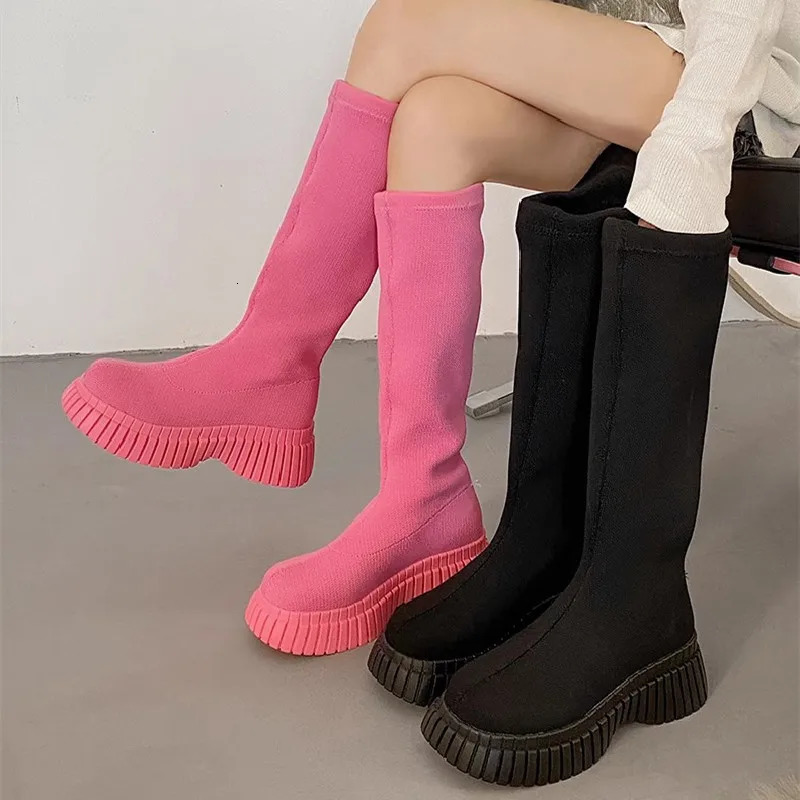 Womens High Heels Autumn Winter Fashion Knitted Elastic Boots Womens Retro Long Boots Sock Boots Botas Mujer 241007