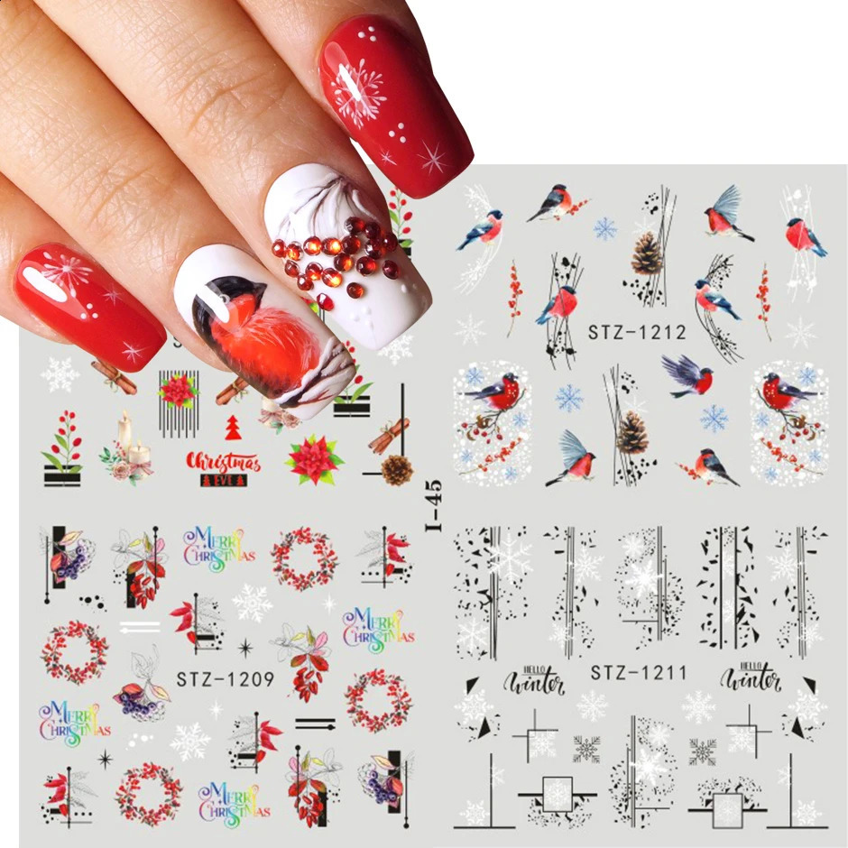 Cute Christmas Stickers Red Santa Claus Winter Human Model 4-in-1 Christmas Snowflake Leaves Waternail Stickers Tattoo DIY Decoration 241008