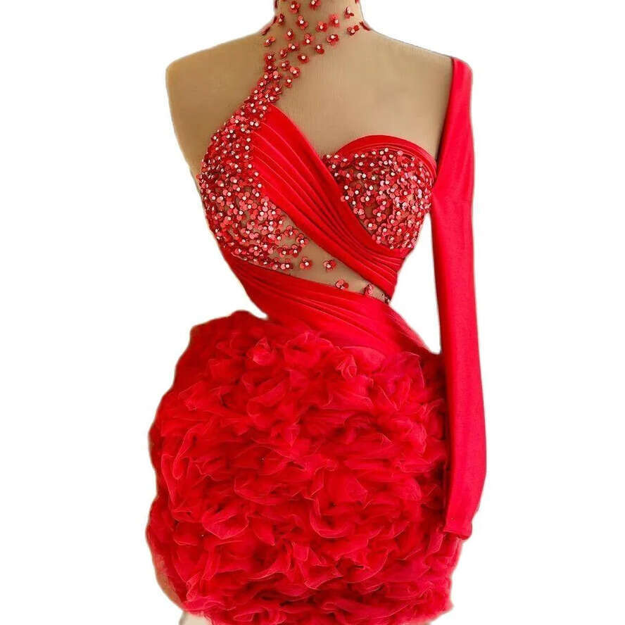 Red NEW Mini 2022 Mermaid Tail Dresses Beading Sheer High Neck One Shoulder Long Sleeve Lace Appliques Arabic Prom Evening Dress Gown Vestidos De Gala