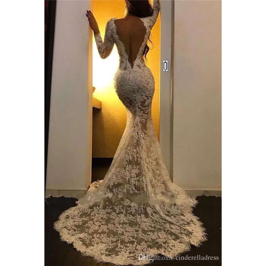 Wedding NEW Sexy Mermaid Dresses V Neck Long Sleeves Full Lace Appliques Front Split Sheer Sweep Train Backless Plus Size Bridal Gown Dwj0208