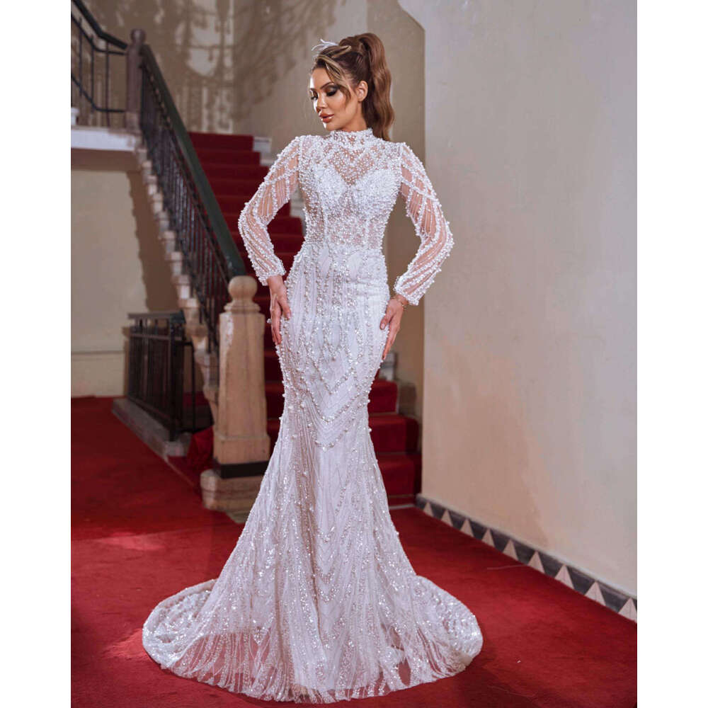 Gorgeous Wedding Dresses Mermaid High Neck Pearls Beads Long Sleeve Sweep Train Princess Bridal Gown Vestido de novia Customized