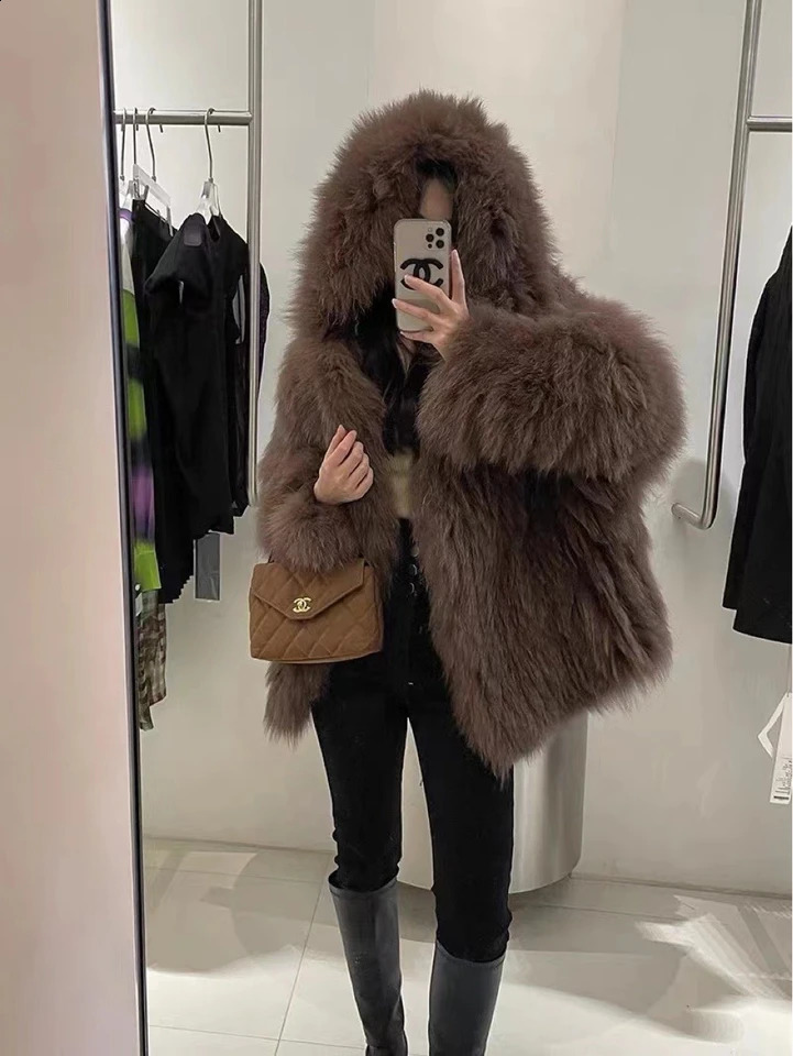 Autumn and winter womens manual doublesided woven highquality real fox fur coat 100% natural jacket loose hooded streetwear 240930