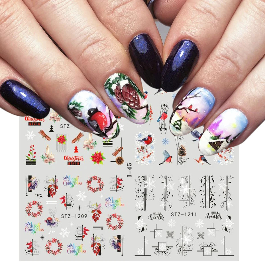 Year slider stickers snowflakes winter birds cute Santa Claus snowman nail art Polish decal decoration NT44-49 241008