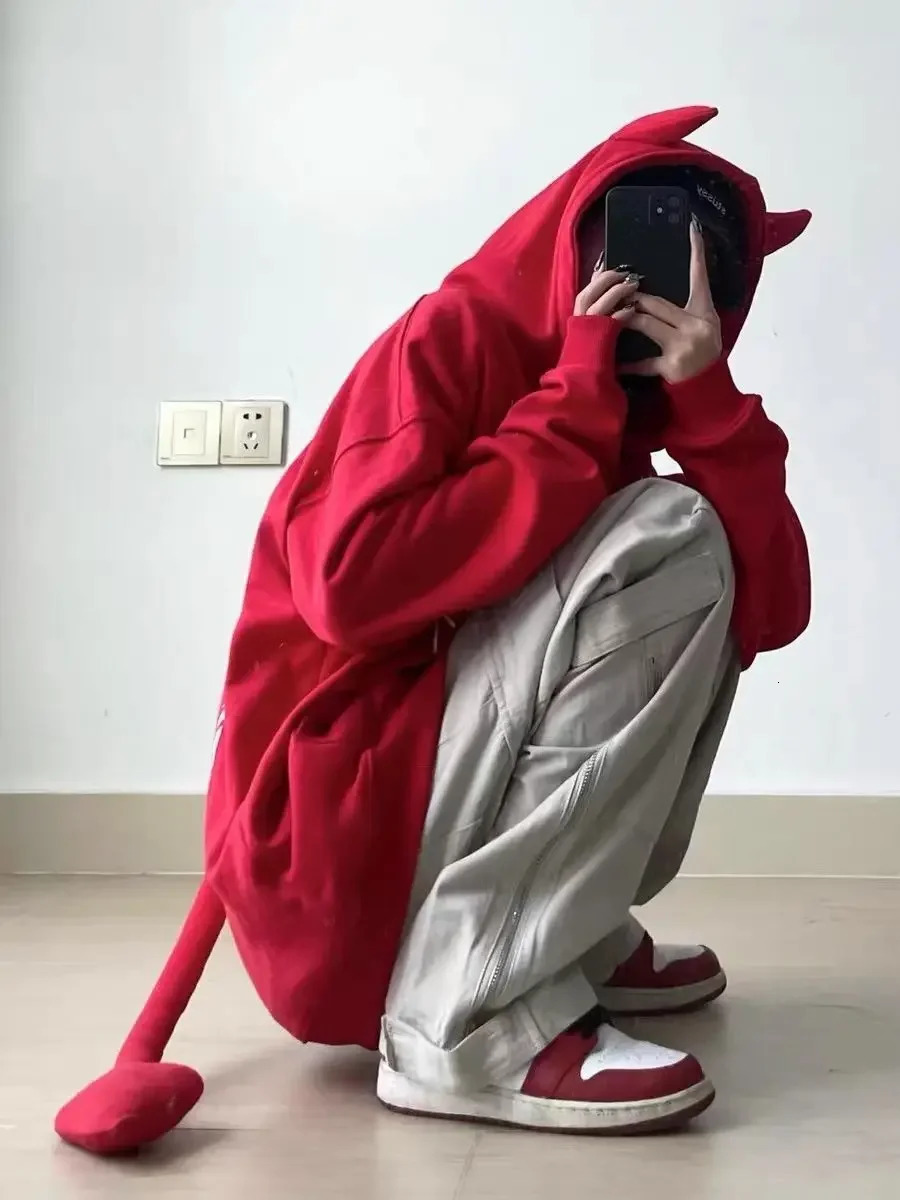 niche devil horn hat cardigan sweatshirt for men and women autumn and winter plus velvet loose top jacket trendy Y2K 241009