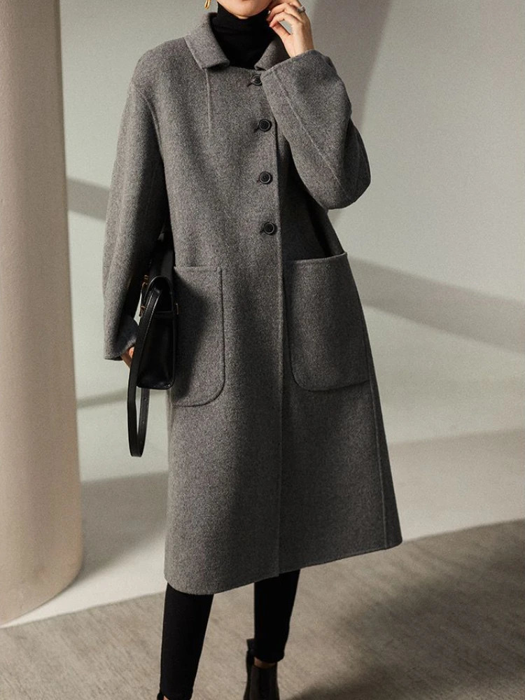 Long Blend Wool Coat Elegant Office Lady Warm Autumn Winter Cozy Simple Loose Fashion Pockets Streetwear 240930