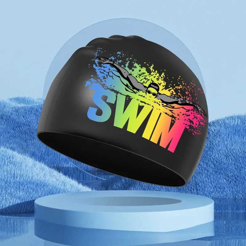 Printed swimming cap silicone anti slip waterproof mens swimming cap high elasticity long hair ear protection adult swimming cap CL241009
