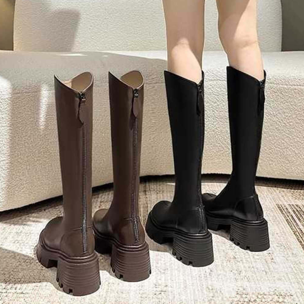 Thick Soled Brown Long Martin Boots Tube Boots For Women Autumn Winter Look Fashion Boots Slim And Elastic V-neck Long Boots High Tube Knight Boots 24