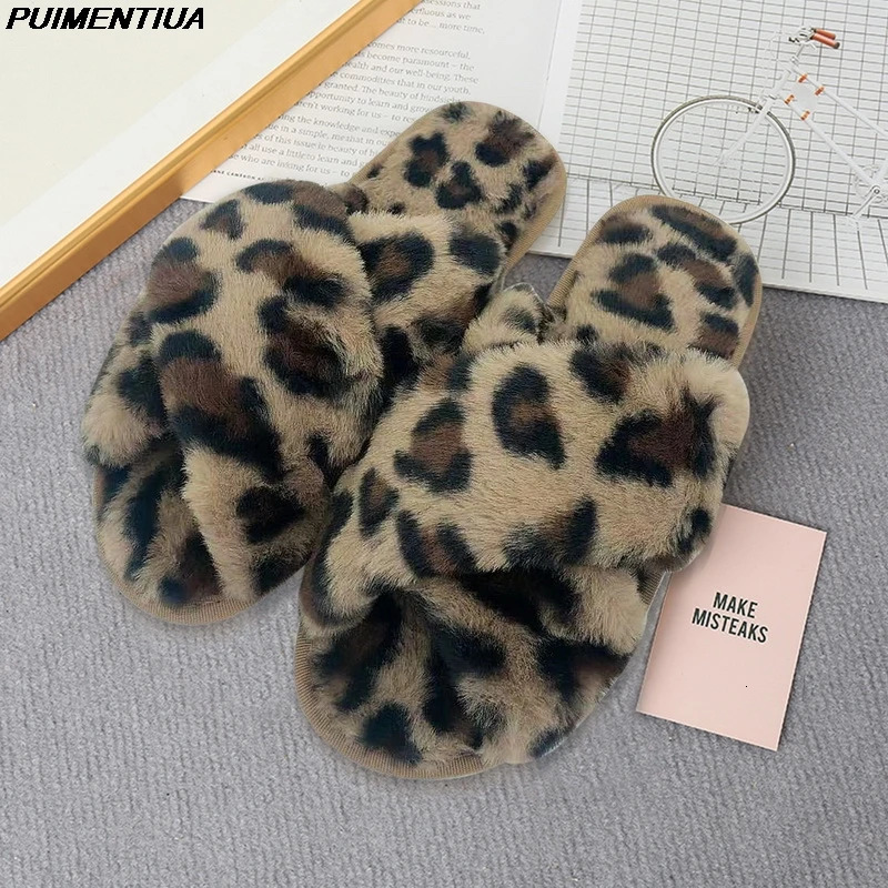 Womens Winter Home Fur Sliding Block Womens Cross Fluffy Fur Home Sliding Block Flat Board Shoes Womens Flip Cover 241007