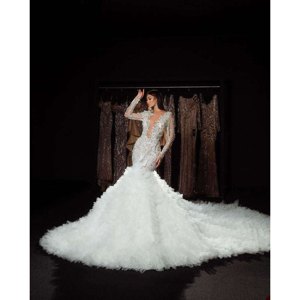 Wedding Dress Mermaid V-Neck Crystal Appliques Ruffles Long Sleeve Gorgeous Bride Vestido De Noiva Custom Made 0228Lz