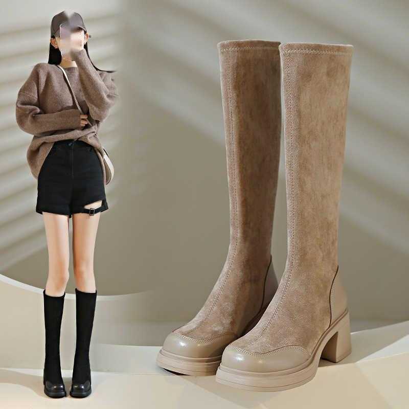 Thick Soled Long Tube Slim Martin Boots For Women Autumn New Style Fashion Boots Thick Heel High Tube Boots Look Slim Suede Elastic Long Tube Boots 24