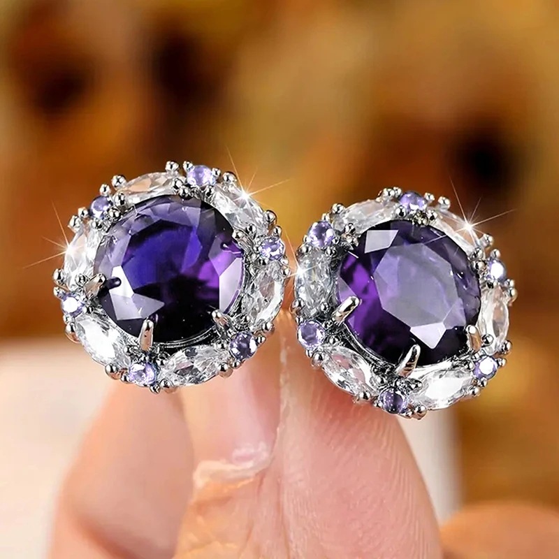 Earrings Women Fashion Zircon Round Stud Luxury 925 Sterling Silver Diamond Stud Earrings Classic Sapphire Crystal Stud Earrings Wedding Jewelry