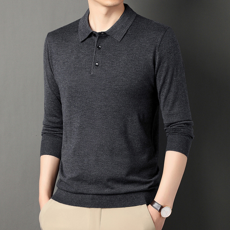 2024 New Designer Winter Men's Thin Long Sleeve Middle aged T-shirt with 6 Hairy Collar Solid Color Polo Shirt for Men