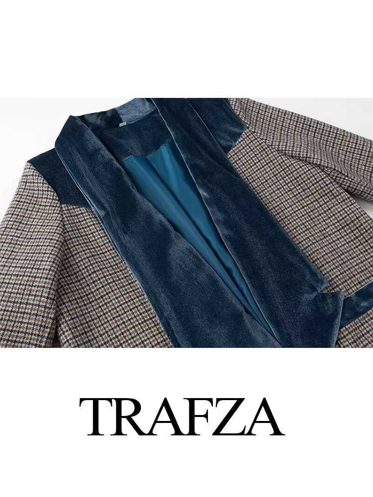 TRAFZA Womens New Fashion Turn Down Collar Long Sleeve Single Button Plaid Wool Coat Female Chic Elegant Pocket Mid-Calf CoatX241009