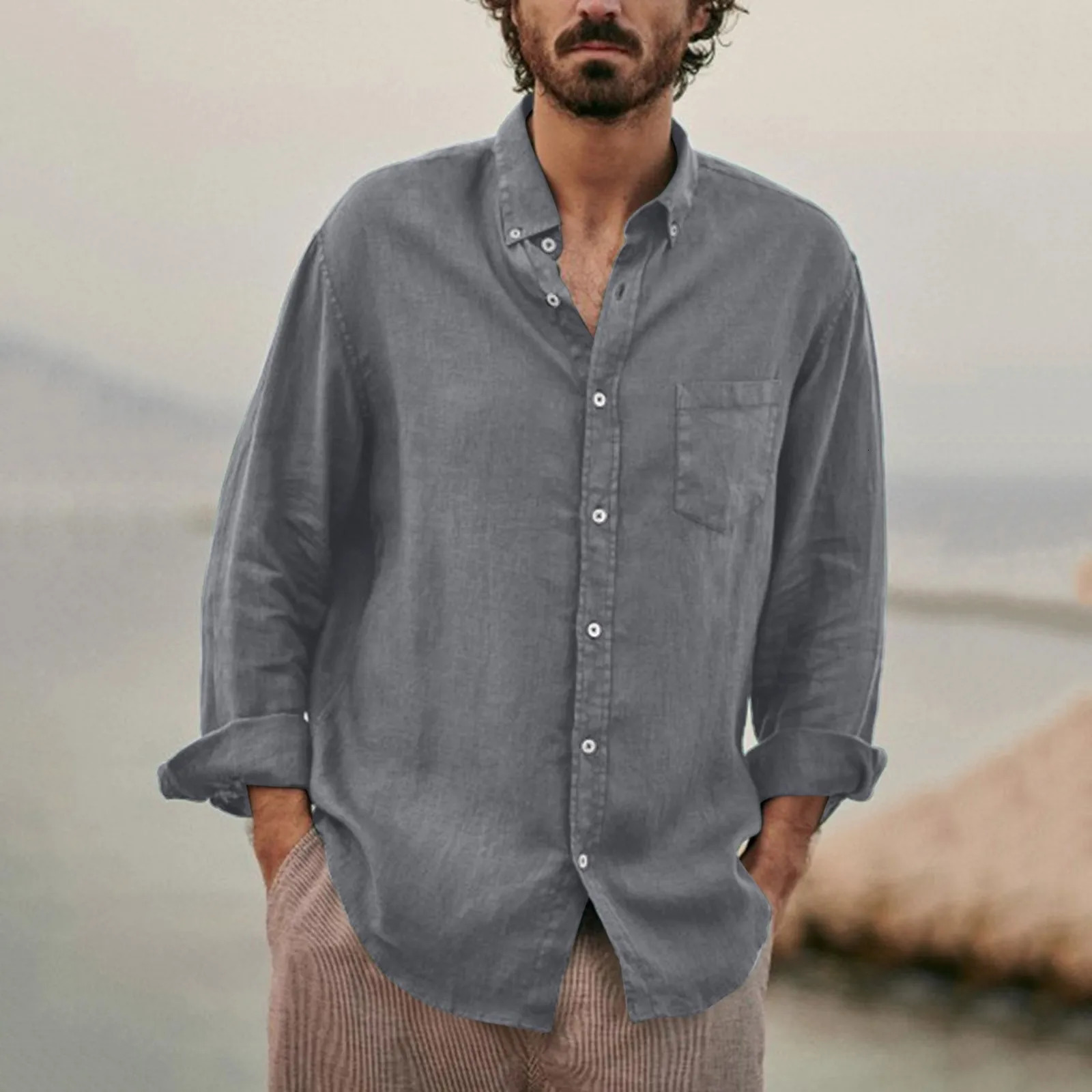 Mens green cotton linen casual shirt loose fitting long sleeved lapel Hawaiian shirt streetwear casual shirt 241009