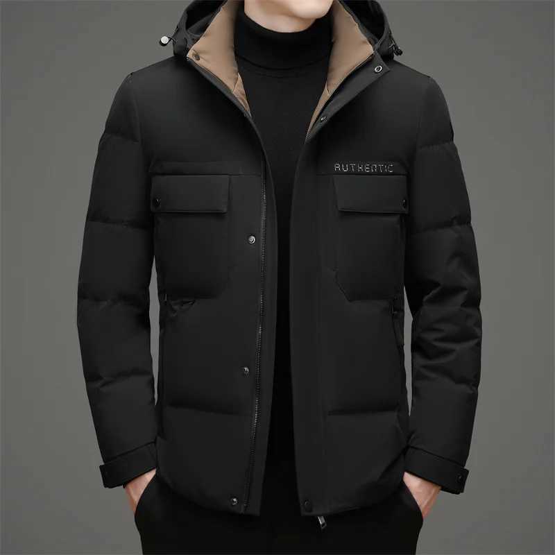 Winter Men Hooded Puffer Parkas Black Beige Khaki White Duck Down Basic Coat Hood Detachable Design Outerwear Thermal Jackets LX241009