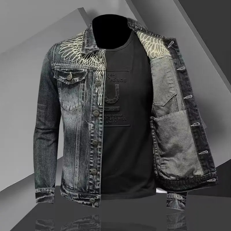 Mens retro denim jacket street trend embroidered lapel motorcycle loose casual fashion mens clothing 241007