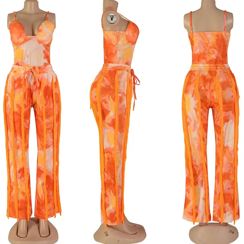 Tie dye printed twopiece womens pants set holiday clothing club tight fitting clothes top and fringe matching 241007