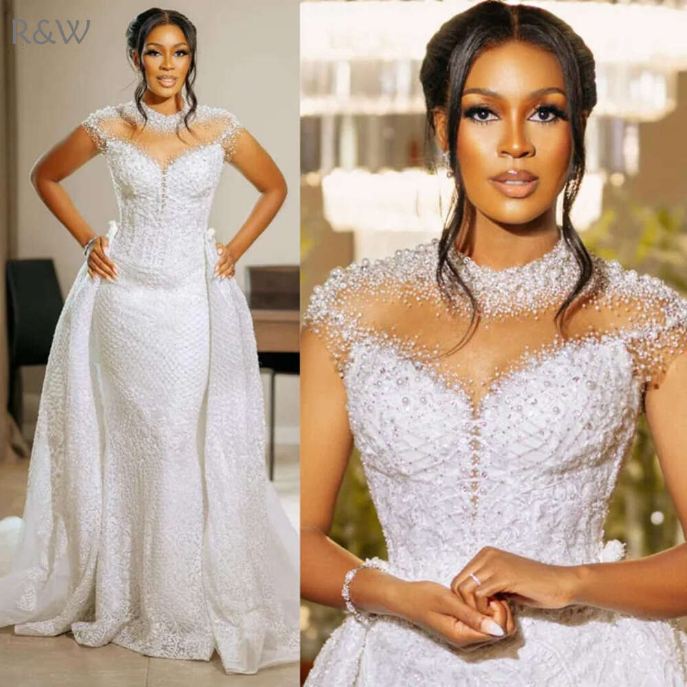R&W Aso Ebi Wedding Dresses Sheer Neck Illusion Short Sleeves Tulle Lace Bridal Gowns for African Black Women Bride Mermaid Marriage Dress with Detach