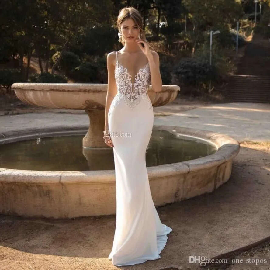 Spaghetti Sexy Open White Back Mermaid Bohemian Wedding Dresses Elegant Lace Appliqued Beach Boho Plus Size Bridal Gown Bc1345