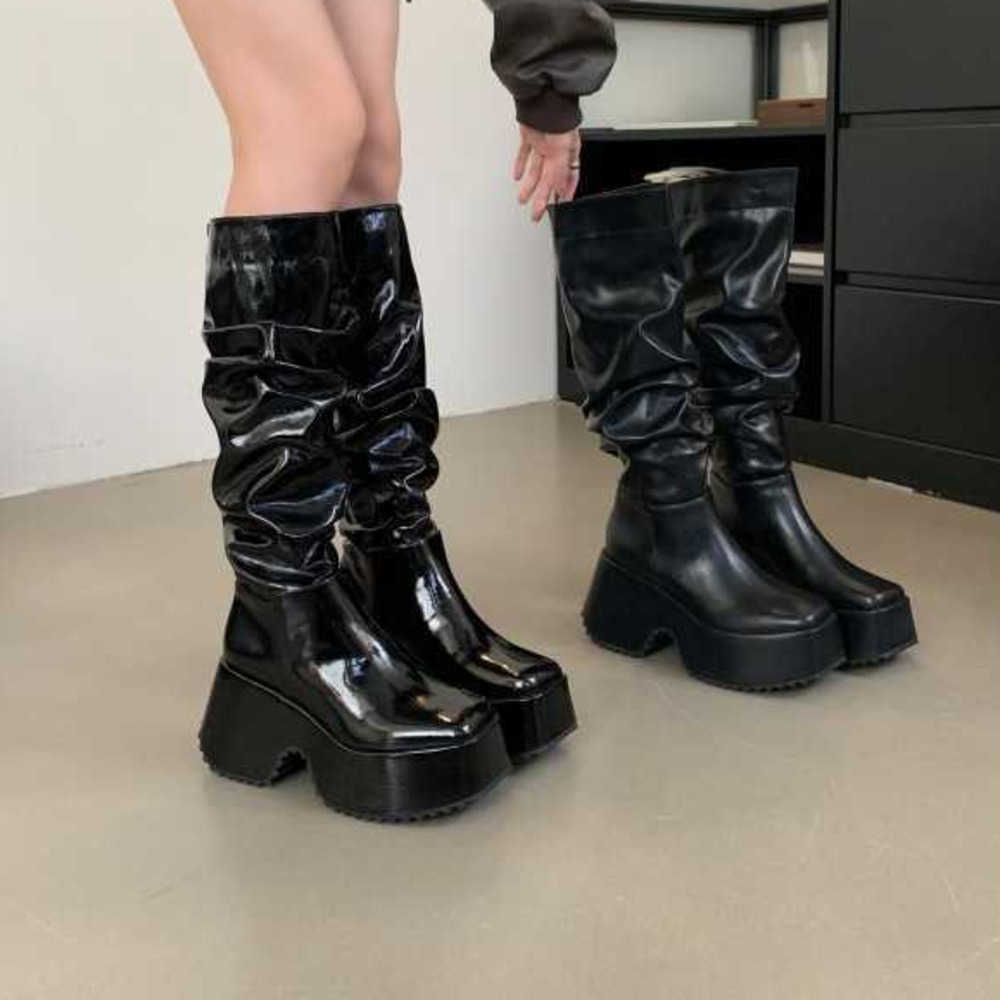 Autumn Sexy Leather Martin Boots For Women Thick Sole Fashion Boots Height Increase Slimming Effect Elastic Slimming Boots Long Leg Knight Boots 24082