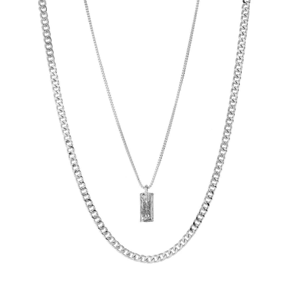 KunJoe 2pcs/set Rectangular Pendant Box Chain Necklace for Men Punk Silver Color Cuban Link Chain Choker Necklace Party W250318