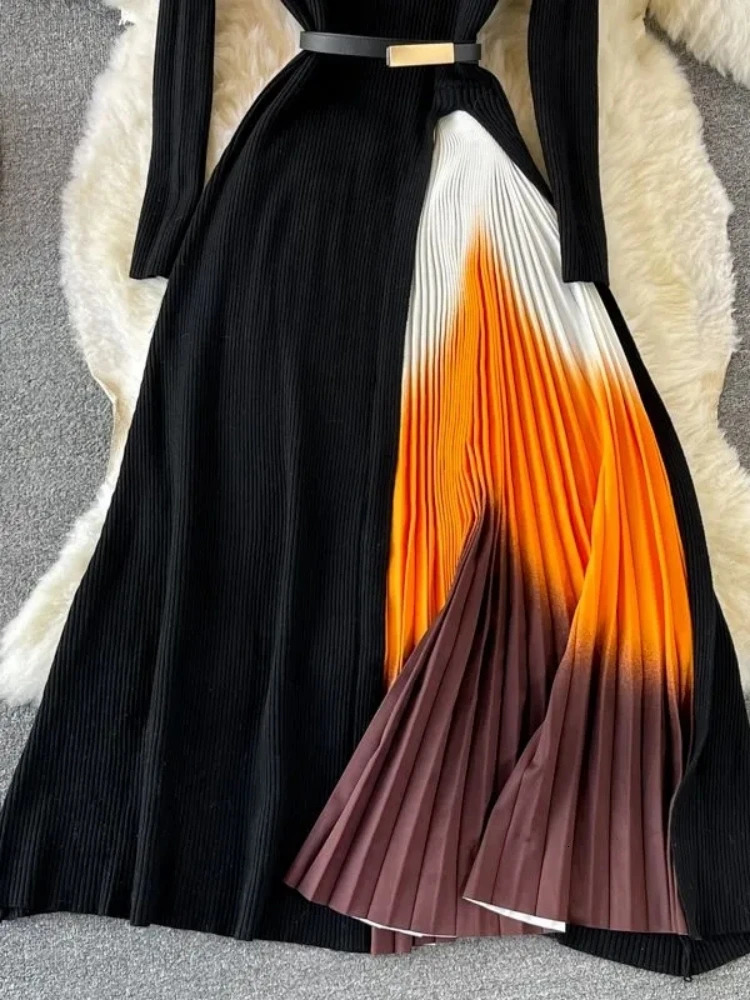 Autumn and Winter Womens Gradient Color Patchwork Sweater Elegant Long Sleeve Midi Knitted Party Vest with Belt 241007