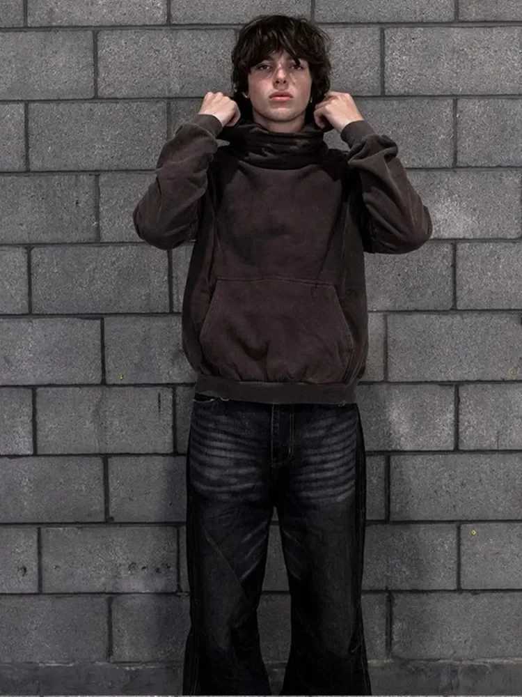 Men's Hoodies Sweatshirts Womens Fashion Turtleneck Pullover For Male Solid Casual Loose Long Sve Hooded Sweatshirt American Street Mens Oversize