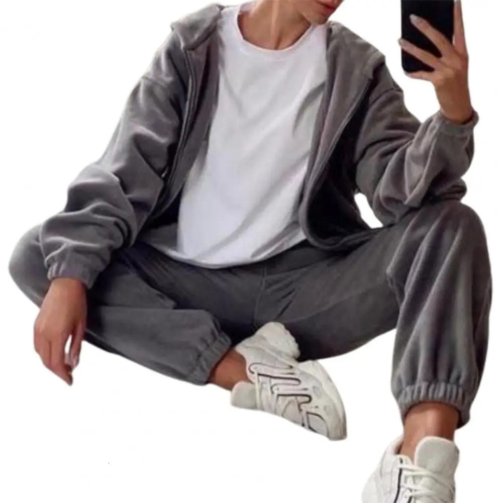 1 set of hoodies and pants for women solid color loose sports shirts autumn winter high waisted running 241007